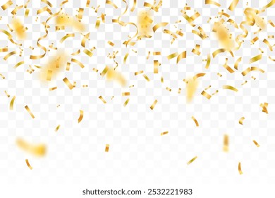 Gold confetti. Bright falling tinsel. Holiday poster concept. Anniversary or birthday design template. Shiny carnival decoration.  Luxury gold confetti and carnival ribbons.