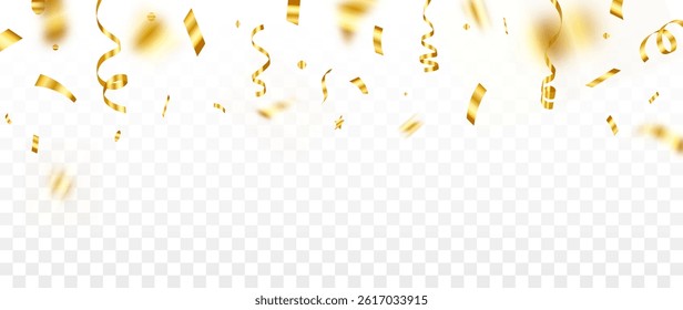 Gold confetti. Bright falling tinsel. Holiday banner concept. Anniversary or birthday design template. Shiny carnival decoration. 