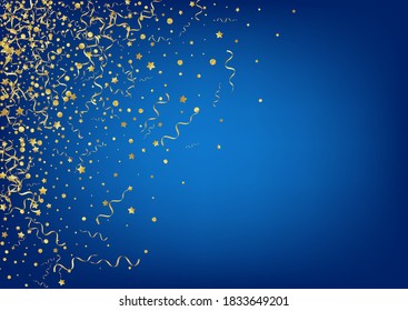 Gold Confetti Carnival Vector Blue Background. Fun Ribbon Branch. Spiral Celebrate Plant. Golden Isolated Illustration.