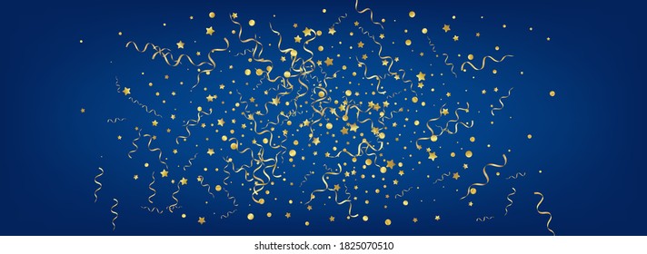 Gold Confetti Carnival Vector Panoramic Blue Background. Anniversary Serpentine Template. Streamer Isolated Illustration. Golden Paper Design.