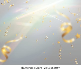 Gold confetti celebration background, festive shiny ribbons and stars, soft light pastel glow.