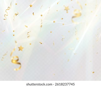 Gold confetti celebration background, festive shiny ribbons and stars, soft light pastel glow.	
