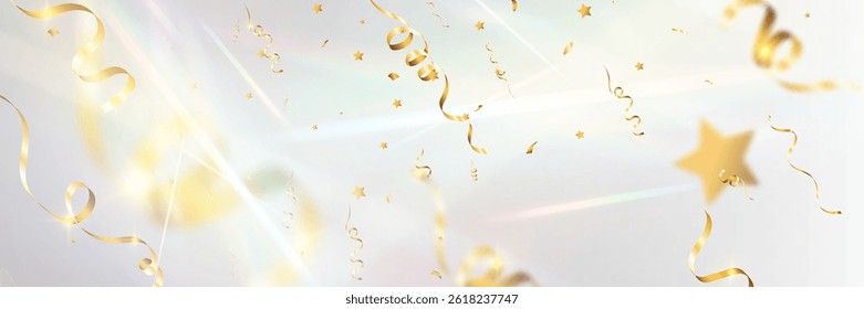 Gold confetti celebration background, festive shiny ribbons and stars, soft light pastel glow.	
