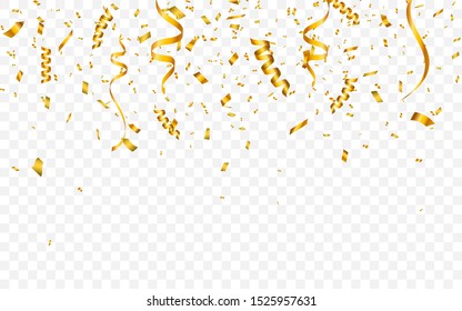 Gold confetti. Celebration carnival falling shiny glitter confetti in gold color. Luxury greeting card. Vector illustration.