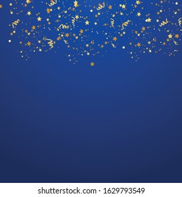 Gold confetti. Celebration carnival falling shiny glitter confetti in gold color. Luxury greeting card. Vector illustration.