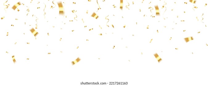 Gold confetti. Celebration carnival falling shiny glitter confetti in gold color. Luxury greeting card. Vector illustration.