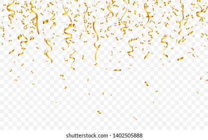 Gold confetti. Celebration carnival ribbons. Luxury greeting card. Vector illustration.