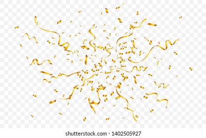 Gold confetti. Celebration carnival ribbons. Luxury greeting card. Vector illustration.