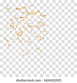 Gold confetti celebration. Falling shiny golden confetti isolated on transparent background. New year, birthday, valentines day design element. Golden Tiny Confetti And Streamer Ribbon Falling.