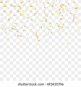 Gold confetti celebration isolated on transparent background. Falling golden abstract decoration for party, birthday celebrate, anniversary or event, festive. Festival decor. Vector illustration