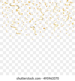 Gold confetti celebration isolated on transparent background. Falling golden abstract decoration for party, birthday celebrate, anniversary or Christmas, New Year. Festival decor Vector illustration