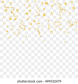 Gold confetti celebration isolated on transparent background. Falling golden abstract decoration for party, birthday celebrate, anniversary or Christmas, New Year. Festival decor Vector illustration