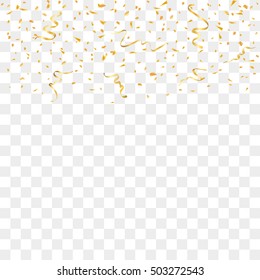 Gold confetti celebration isolated on transparent background. Falling golden abstract decoration for party, birthday celebrate, anniversary or event, festive. Festival decor. Vector illustration