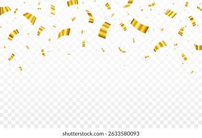 Gold confetti celebration. Luxury golden confetti bursting on transparent background. Birthday party backdrop. Holiday design elements. Vector illustration