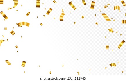 Gold confetti celebration party background design, Falling shiny golden confetti isolated on transparent background. Christmas, New Year, Carnival festivity, Valentine’s Day, Holiday, National Holiday