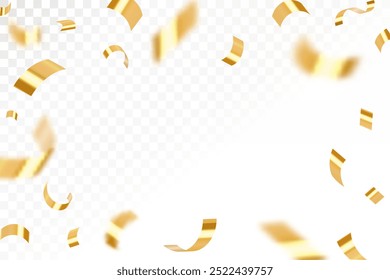 Gold confetti celebration party background design, Falling shiny golden confetti isolated on transparent background. Can be used for celebration, Christmas, New Year, Carnival festivity, confetti,