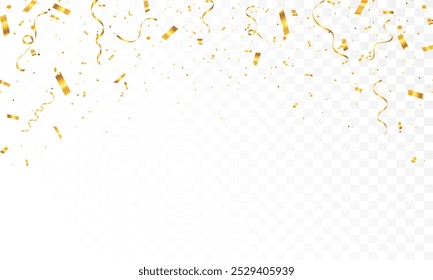 Gold confetti celebration party background design, Falling shiny golden confetti isolated on transparent background. Can be used for celebration, Christmas, New Year, Carnival festivity, confetti,