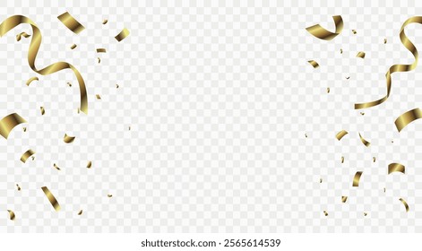 Gold confetti. Confetti celebration party background design, Falling shiny golden confetti isolated on transparent background, Celebration carnival ribbons, confetti