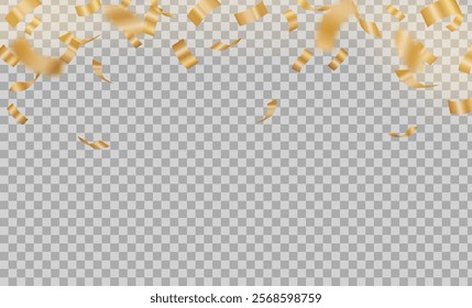 Gold confetti. Celebration party background design, falling shiny colorful glitter confetti isolated on transparent background. Carnival ribbons, holiday, birthday anniversary. Vector illustration.