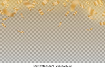 Gold confetti. Celebration party background design, falling shiny colorful glitter confetti isolated on transparent background. Carnival ribbons, holiday, birthday anniversary. Vector illustration.