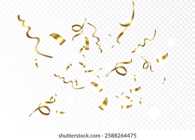 Gold confetti. Confetti celebration party background design, falling shiny golden confetti isolated on transparent background, Celebration carnival ribbons, confetti,