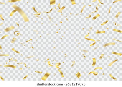 Gold confetti. Confetti celebration party background design, Falling shiny golden confetti isolated on transparent background, Celebration carnival ribbons, confetti,