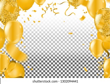Gold confetti celebration party banner with golden balloons and serpentine