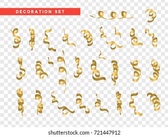 Gold confetti celebration. Ribbon serpentine, isolated with transparency background effect.
