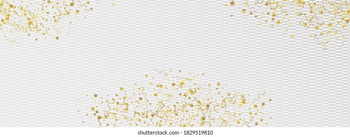 Gold Confetti Celebration Vector Panoramic Transparent Background. Swirl Star Invitation. Ribbon Falling Illustration. Yellow Anniversary Template.