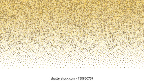 Gold confetti Christmas border. Golden glitter texture vector background. yellow and brown dust, flying circle sparkle dots, round tinsel elements  holiday card decoration backdrop design.