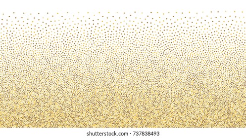 Gold confetti Christmas border. Golden glitter texture vector background. yellow and brown dust, flying circle sparkle dots, round tinsel elements  holiday card decoration backdrop design.