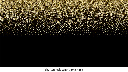 Gold confetti Christmas border. Golden glitter texture vector background. yellow and brown dust, flying circle sparkle dots, round tinsel elements  holiday card decoration backdrop design.