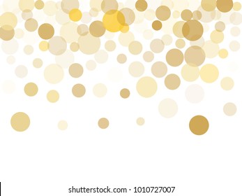 Gold confetti circle decoration for christmas or birthday card background, holiday vector illustration. Gold color round confetti dots on white background, circles scatter, trendy rich bokeh isolated.