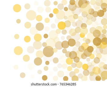 Gold confetti circle decoration for christmas or birthday card background, holiday vector illustration. Gold color round confetti dots on white background, circles scatter, trendy rich bokeh isolated.