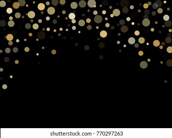 Gold confetti circle decoration for christmas or birthday card background, holiday vector illustration. Gold color round confetti dots, circles chaotic scatter on black, trendy rich bokeh background.