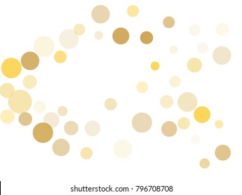 Gold confetti circle decoration for christmas or birthday card background, holiday vector illustration. Gold color round confetti dots on white background, circles scatter, trendy rich bokeh isolated.