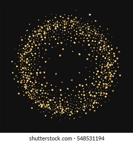 Gold confetti. Circle frame with gold confetti on black background. Vector illustration.