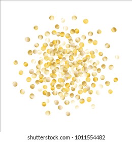 Gold Confetti Circle Isolated on White. Festive Pattern with Glitter for Christmas and New Year Decoration, Birthday Invitation, Poster or Greeting Card. Wreath of Gold Confetti.