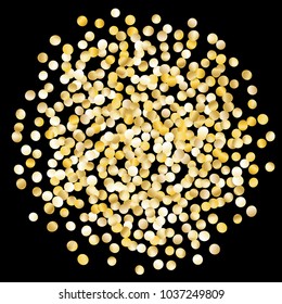 Gold Confetti Circle Isolated on Black Festive Pattern with Glitter for Christmas and New Year Decoration, Birthday Invitation, Poster or Greeting Card. Wreath of Gold Confetti.