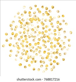 Gold Confetti Circle Isolated on White. Festive Pattern with Tinsels for Christmas and New Year Decoration, Birthday Invitation, Poster or Greeting Card. Wreath of Gold Confetti.