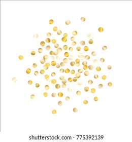 Gold Confetti Circle Isolated on White. Festive Pattern with Tinsels for Christmas and New Year Decoration, Birthday Invitation, Poster or Greeting Card. Wreath of Gold Confetti.
