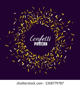 Gold confetti dots and stripes round frame pattern on dark background