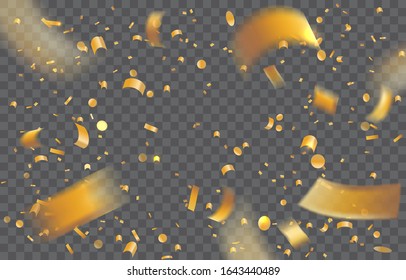 Gold confetti effect, falling realistic golden tinsel, festive vector background, template for holiday illustration, congratulation card, event invitation, birthday party. Luxury vip wallpaper mockup.