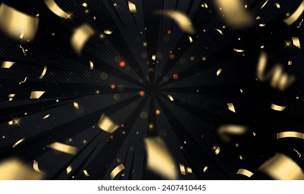 Gold confetti explosion with bokeh dust particles on black background. Sparkling confetti particles. Flying shiny particles. Luxury background for party, celebrate, invitations, greeting, Vector EPS10