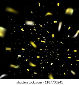 Gold confetti explosion celebration isolated on black background. Falling golden confetti. Abstract decoration for party birthday. Celebrate Christmas, New Year confetti Vector illustration