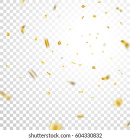 Gold confetti explosion celebration isolated on transparent background. Falling golden abstract decoration for birthday celebrate or Christmas, New Year Festival decor Vector illustration