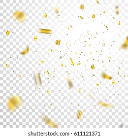 Gold confetti explosion celebration isolated on transparent background. Falling golden abstract decoration party, birthday celebrate or Christmas, New Year Festival decor Vector illustration
