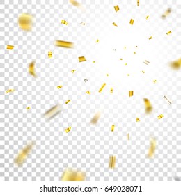 Gold confetti explosion celebration isolated on transparent background. Falling golden abstract decoration party, birthday celebrate or Christmas, New Year Festival decor Vector illustration