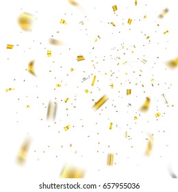 Gold confetti explosion celebration isolated on white background. Falling golden abstract decoration party, birthday celebrate or Christmas, New Year Festival decor Vector illustration