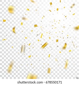 Gold confetti explosion celebration isolated on transparent background. Falling golden abstract decoration party, birthday celebrate or Christmas, New Year Festival decor Vector illustration